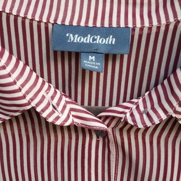 Modcloth Rust Tan Pinstripe Sheer Button Down Shirt Size Medium - Picture 2 of 10